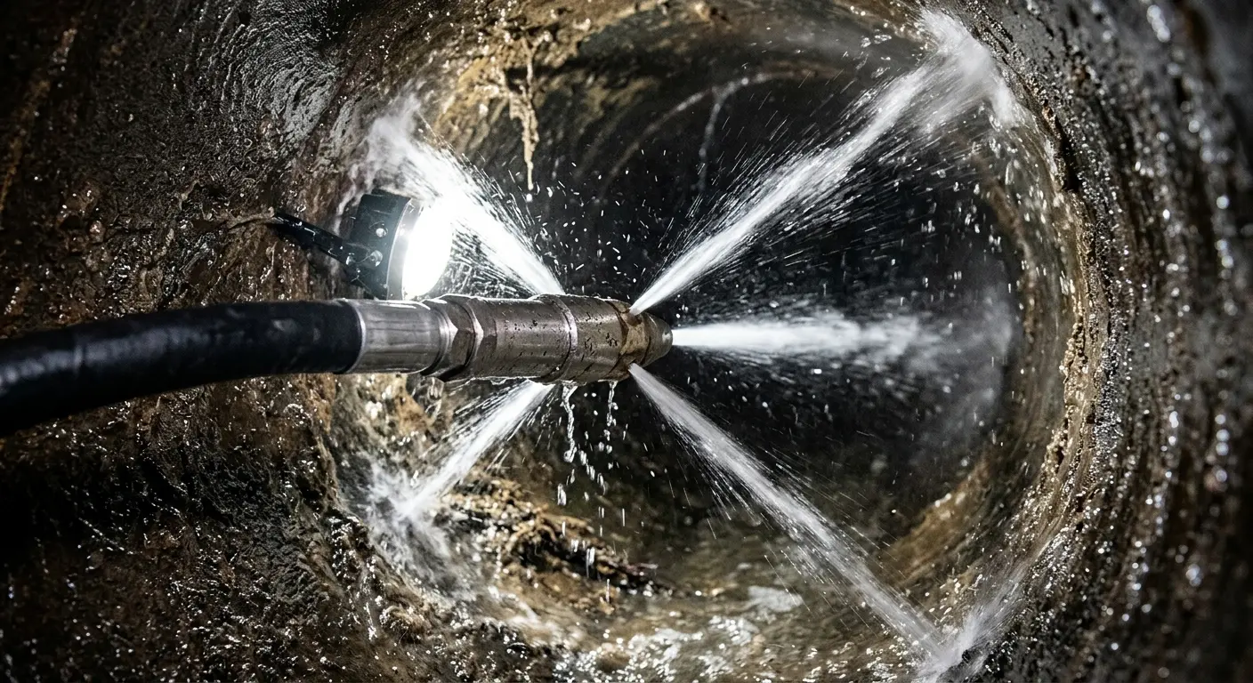 High-pressure hydro jetting nozzle cleaning sewer pipe for Sewer Cleanout in Vergennes