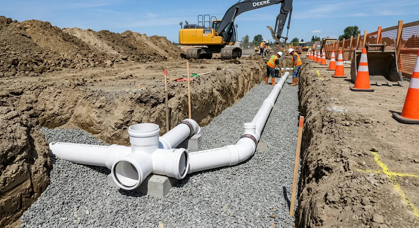 New PVC sewer pipe installation in open trench for Commercial Drain Cleaning in Vergennes