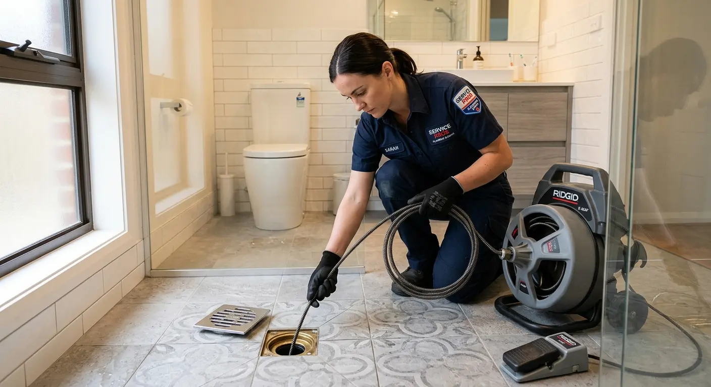 Technician clearing a bathroom floor drain for Drain Cleaning in Vergennes